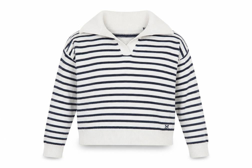 Crew Clothing Women's White Striped Collared Jumper Size 12