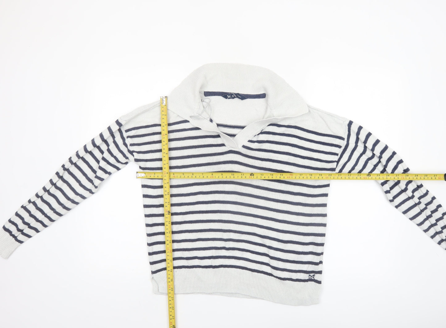 Crew Clothing Company Women's White Striped Collared Jumper Size 12