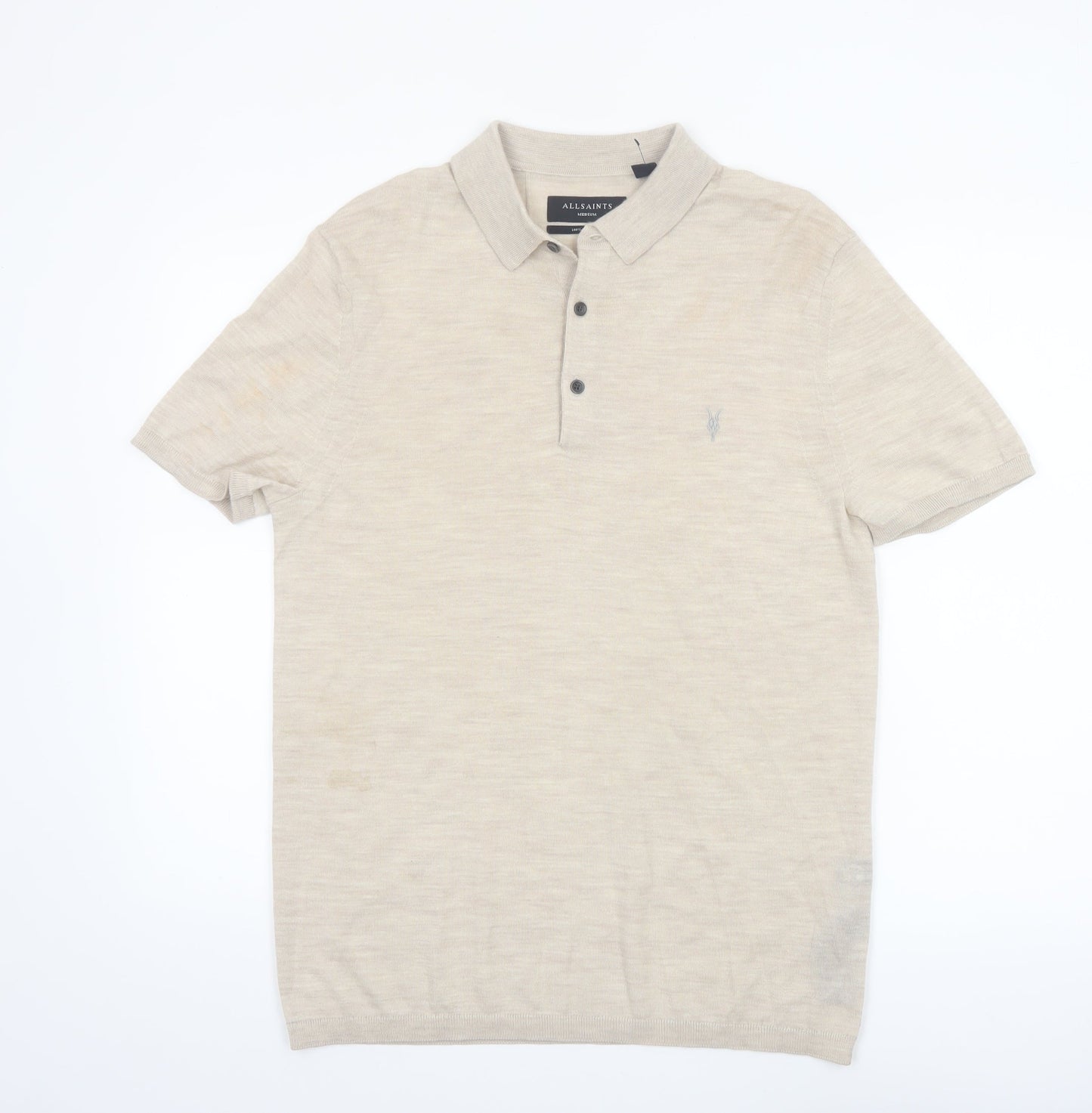 AllSaints Men’s Beige Merino Wool Polo Shirt Size M