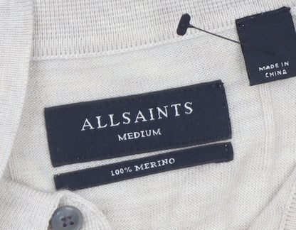 AllSaints Men’s Beige Merino Wool Polo Shirt Size M