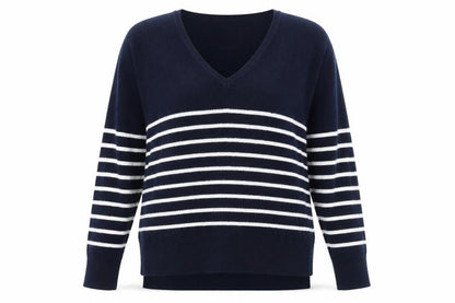 The White Company Women Blue Striped V-Neck Wool Blend Jumper Size 10