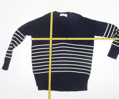 The White Company Women Blue Striped V-Neck Wool Blend Jumper Size 10