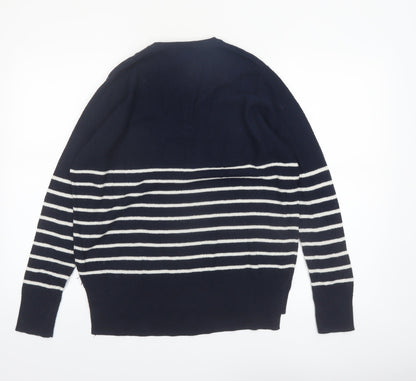 The White Company Women Blue Striped V-Neck Wool Blend Jumper Size 10