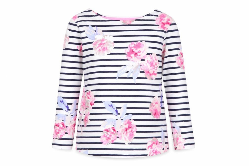 Joules Women's Multicoloured Floral Stripe 3/4 Sleeve Cotton T-Shirt Size 8