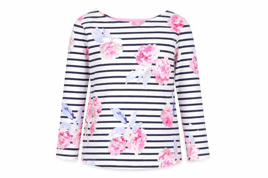 Joules Women's Multicoloured Floral Stripe 3/4 Sleeve Cotton T-Shirt Size 8