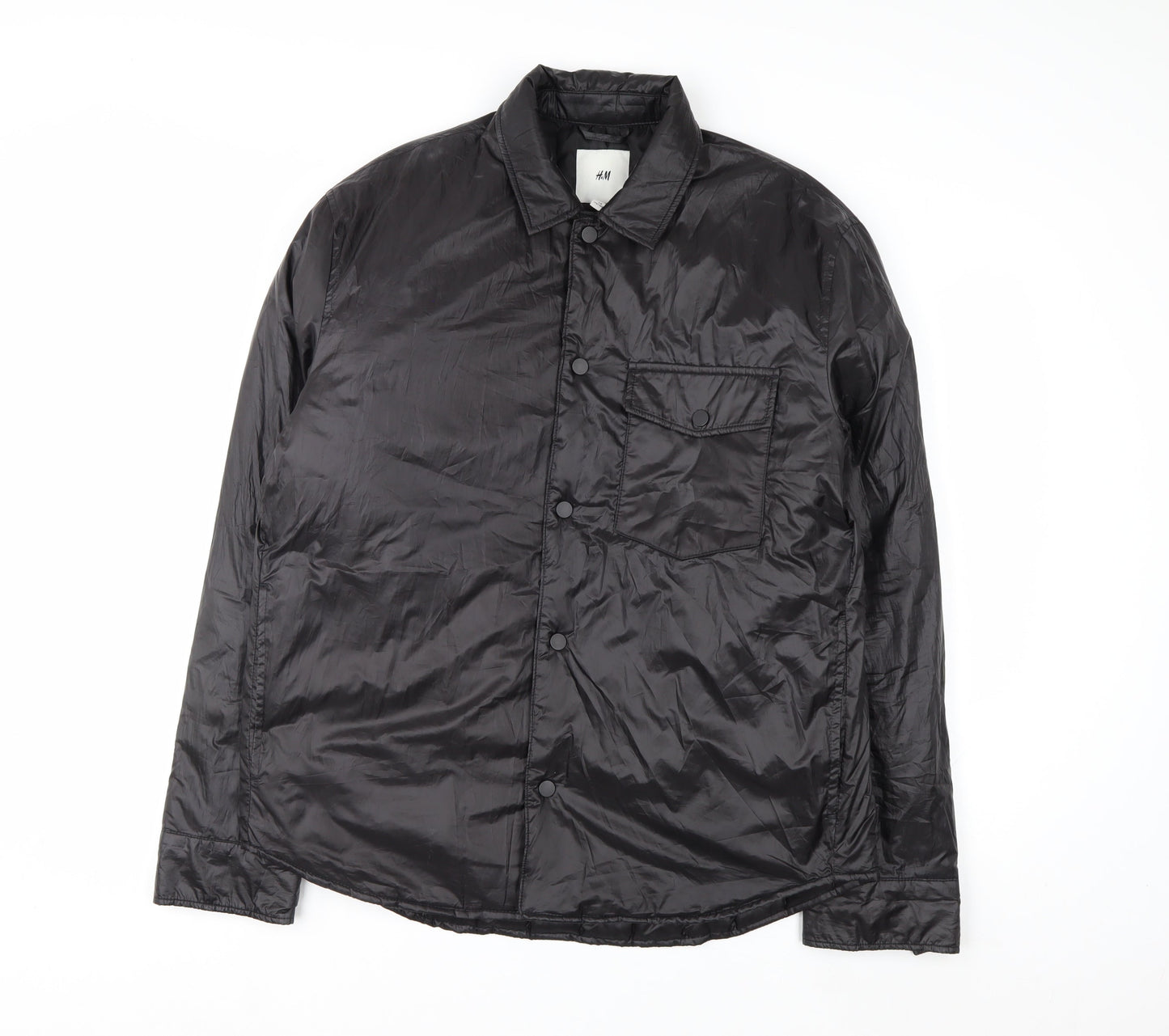H&M Men's Black M Puffer Jacket Polyester Lightweight Mid-Length