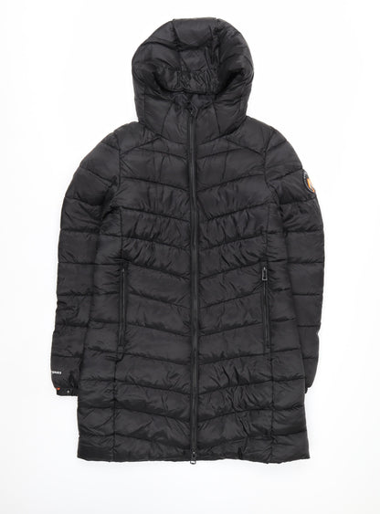 Superdry Women Black Size 10 Long Puffer Hooded Coat Fuji Series