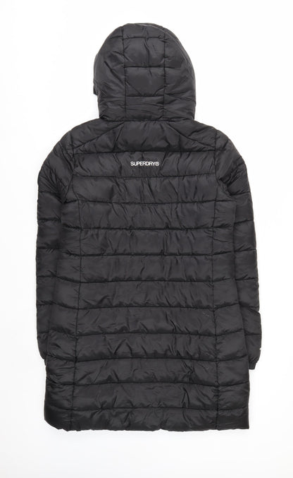 Superdry Women Black Size 10 Long Puffer Hooded Coat Fuji Series