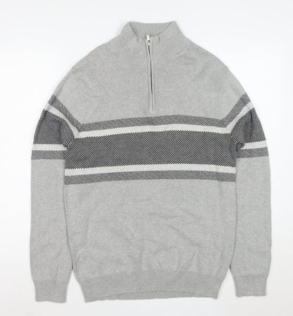 Peacocks Men's Grey Striped Half Zip High Neck Cotton Jumper Size M