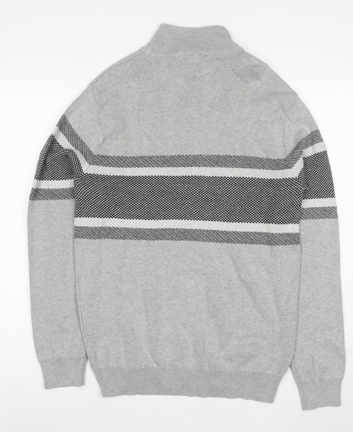 Peacocks Men's Grey Striped Half Zip High Neck Cotton Jumper Size M
