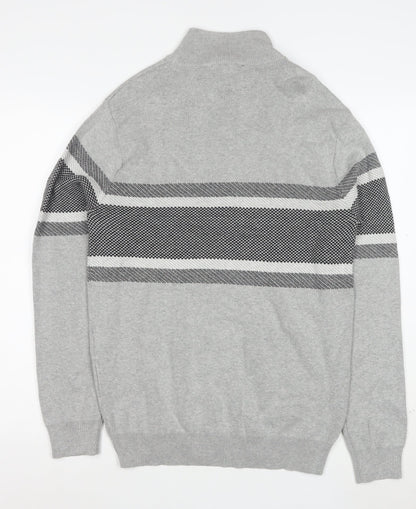 Peacocks Men's Grey Striped Half Zip High Neck Cotton Jumper Size M