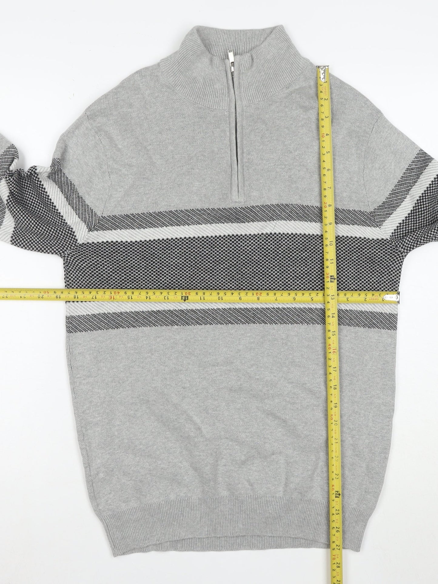 Peacocks Men's Grey Striped Half Zip High Neck Cotton Jumper Size M