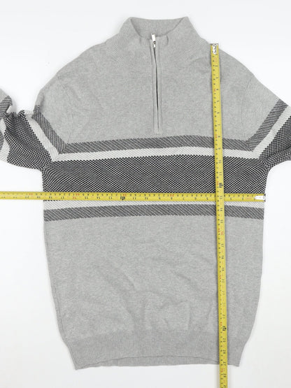 Peacocks Men's Grey Striped Half Zip High Neck Cotton Jumper Size M