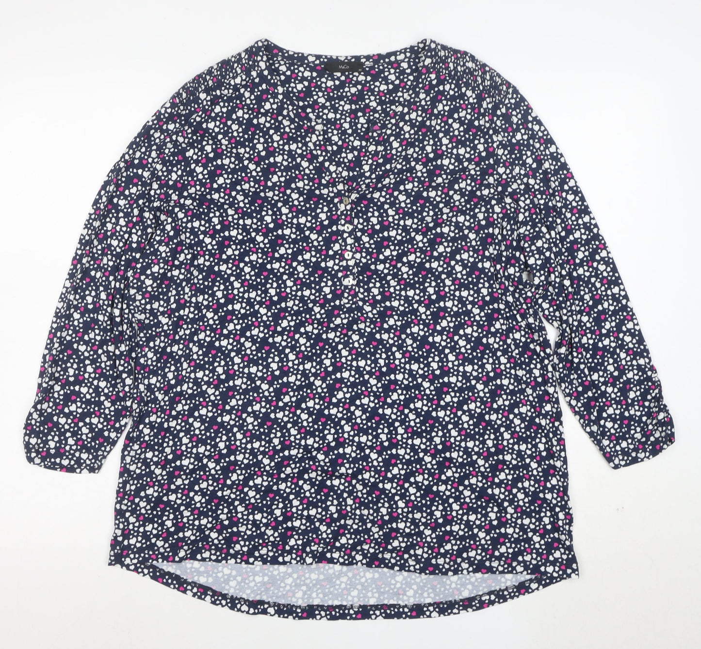 M&Co Womens Navy Heart Print Button-Up Long Sleeve Tunic Top Size 20
