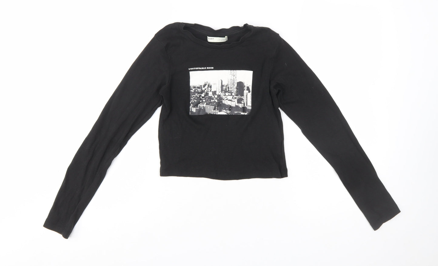Pull&Bear Women's Black Cropped Long Sleeve Cotton T-Shirt Size S