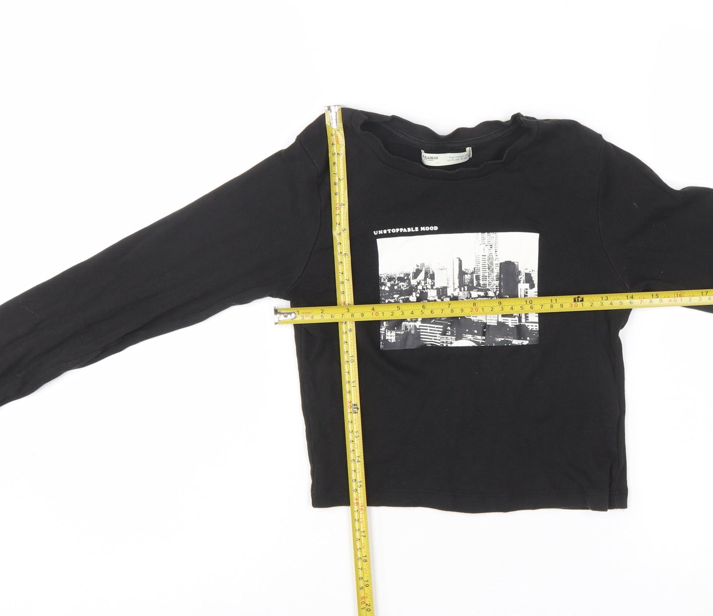 Pull&Bear Women's Black Cropped Long Sleeve Cotton T-Shirt Size S