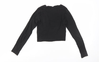 Pull&Bear Women's Black Cropped Long Sleeve Cotton T-Shirt Size S