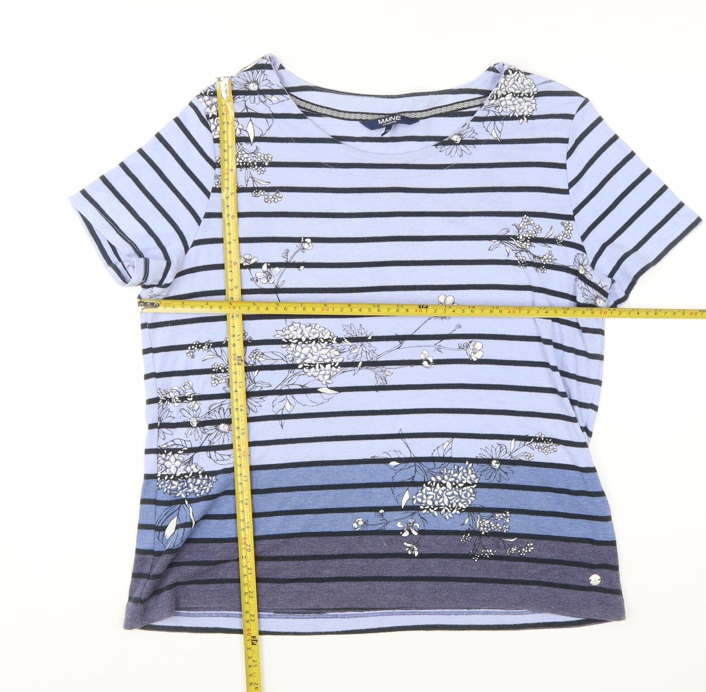 Maine New England Women's Blue Striped Floral Cotton T-Shirt Size 18