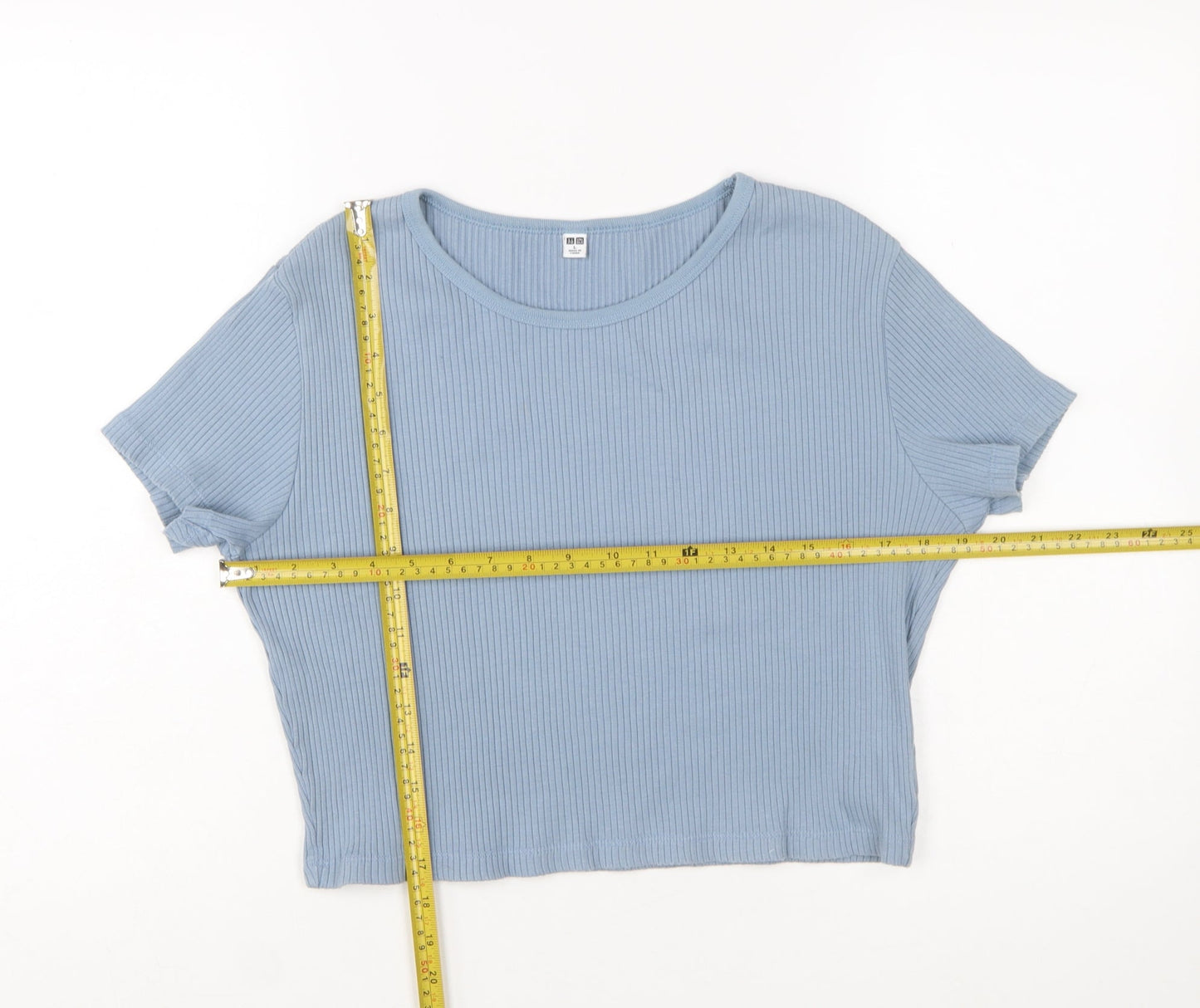 Uniqlo Women Blue Ribbed Cropped T-Shirt Size L
