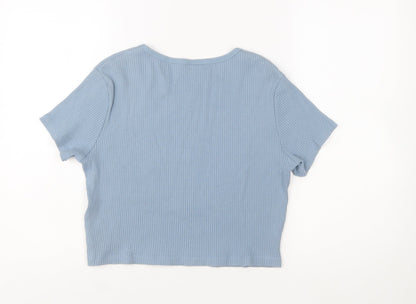 Uniqlo Women Blue Ribbed Cropped T-Shirt Size L