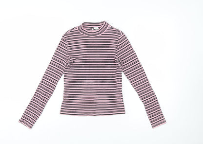 Monki Women’s Pink Striped Long Sleeve Mock Neck Jersey Top Size S