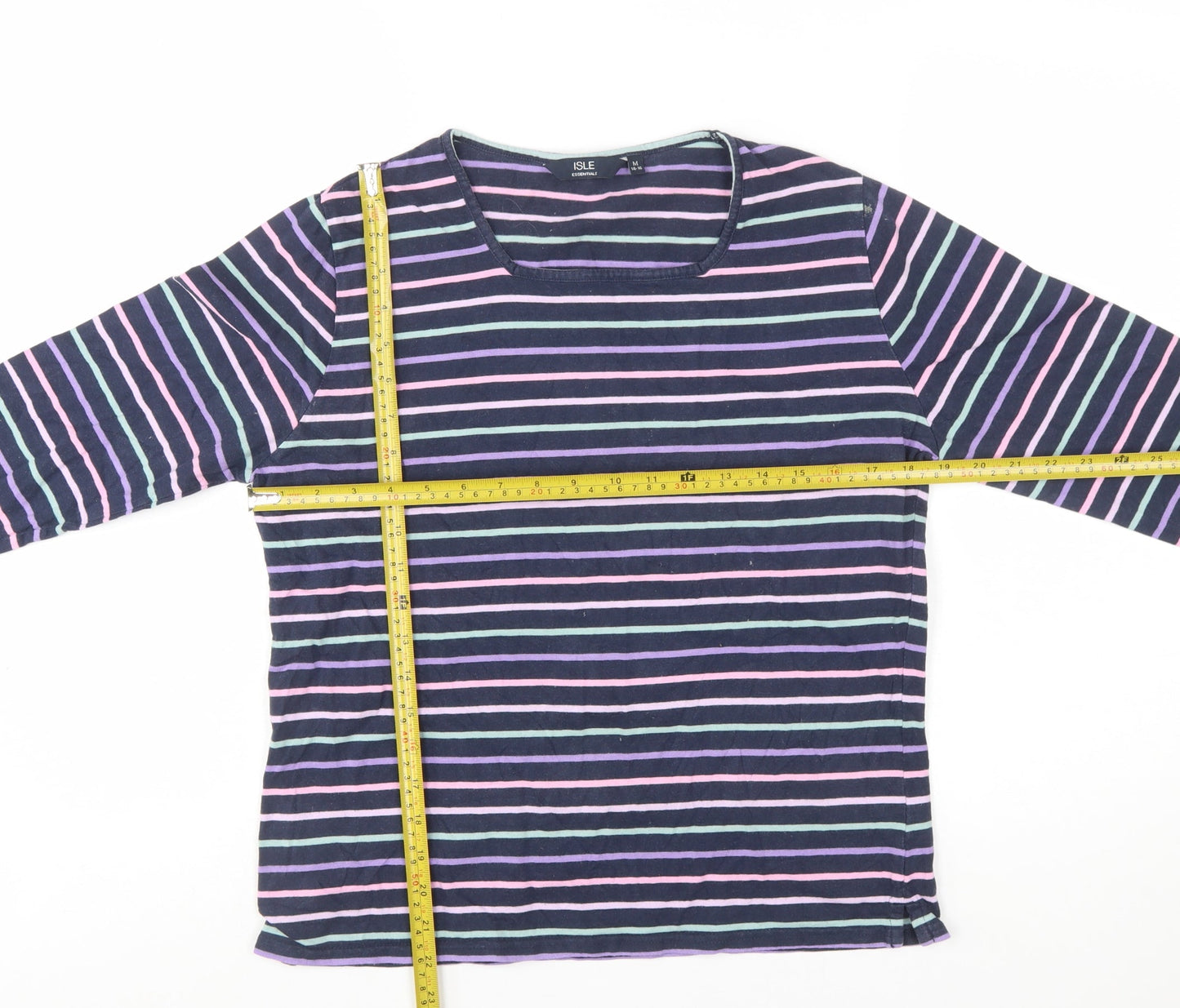 Isle Essentials Womens Multicoloured Striped Cotton 3/4 Sleeve Top Size 14