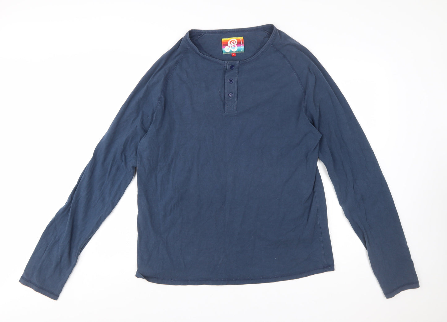 St Bert's Men's Blue Long Sleeve Henley Cotton T-Shirt Size L