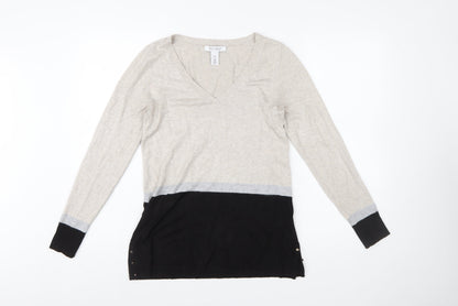 White House Black Market Womens Beige Black XS V-Neck Long Sleeve Pullover Jumper