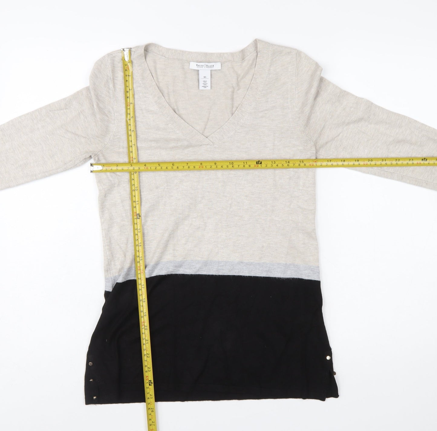 White House Black Market Womens Beige Black XS V-Neck Long Sleeve Pullover Jumper
