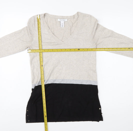 White House Black Market Womens Beige Black XS V-Neck Long Sleeve Pullover Jumper