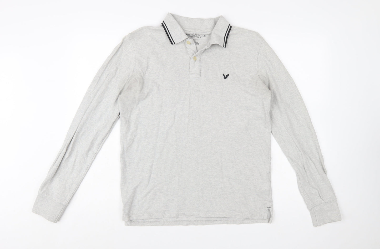 American Eagle Men's Grey Slim Fit Long Sleeve Polo Shirt M