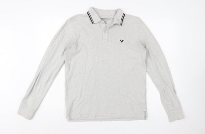 American Eagle Men's Grey Slim Fit Long Sleeve Polo Shirt M