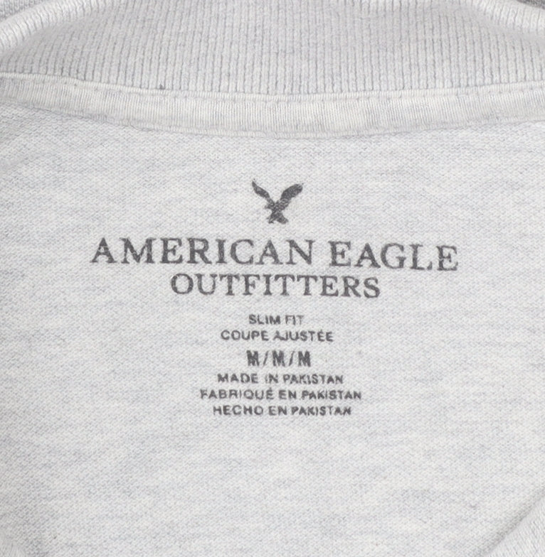 American Eagle Men's Grey Slim Fit Long Sleeve Polo Shirt M