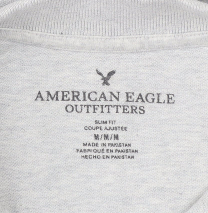 American Eagle Men's Grey Slim Fit Long Sleeve Polo Shirt M