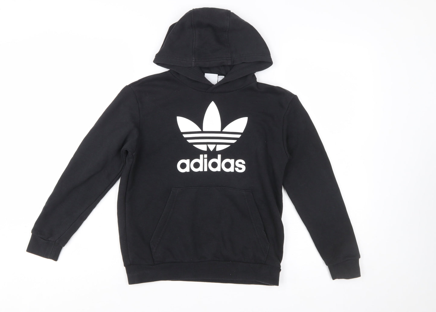 Adidas Boys Black Pullover Hoodie 10-11 Years Cotton Blend Trefoil Logo
