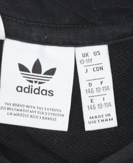 Adidas Boys Black Pullover Hoodie 10-11 Years Cotton Blend Trefoil Logo
