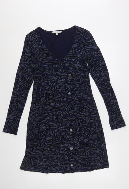 Red Herring Womens Blue Animal Print Button Down Shift Dress Size 10