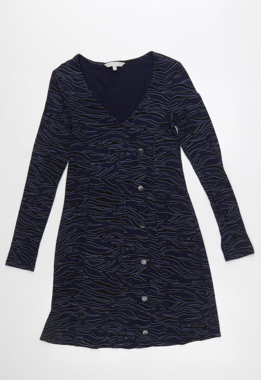 Red Herring Womens Blue Animal Print Button Down Shift Dress Size 10