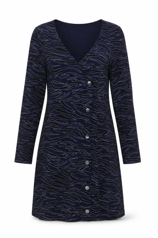 Front view of Red Herring women’s blue animal print button down shift dress, size UK 10