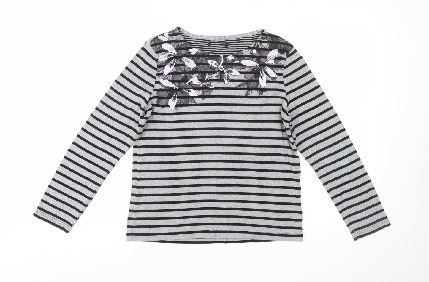 Maine Women's Grey Striped Floral Cotton Long Sleeve T-Shirt Size 14