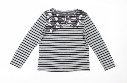 Maine Women's Grey Striped Floral Cotton Long Sleeve T-Shirt Size 14