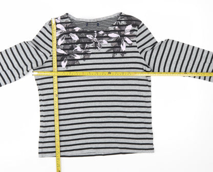 Maine Women's Grey Striped Floral Cotton Long Sleeve T-Shirt Size 14