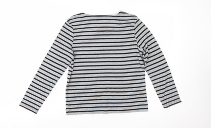 Maine Women's Grey Striped Floral Cotton Long Sleeve T-Shirt Size 14