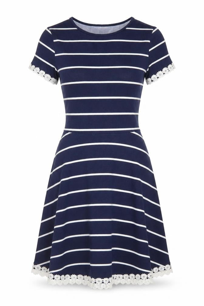 Front view of Dorothy Perkins Women Blue Striped Fit & Flare Dress UK 10