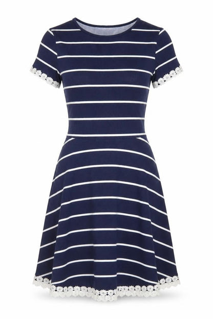 Front view of Dorothy Perkins Women Blue Striped Fit & Flare Dress UK 10
