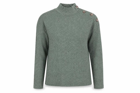 Stradivarius Women’s Green Mock Neck Button Ribbed Knit Jumper Size 8