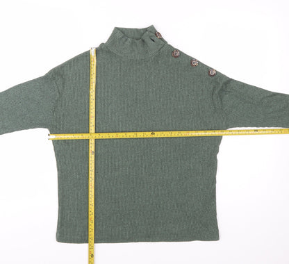 Stradivarius Women’s Green Mock Neck Button Ribbed Knit Jumper Size 8