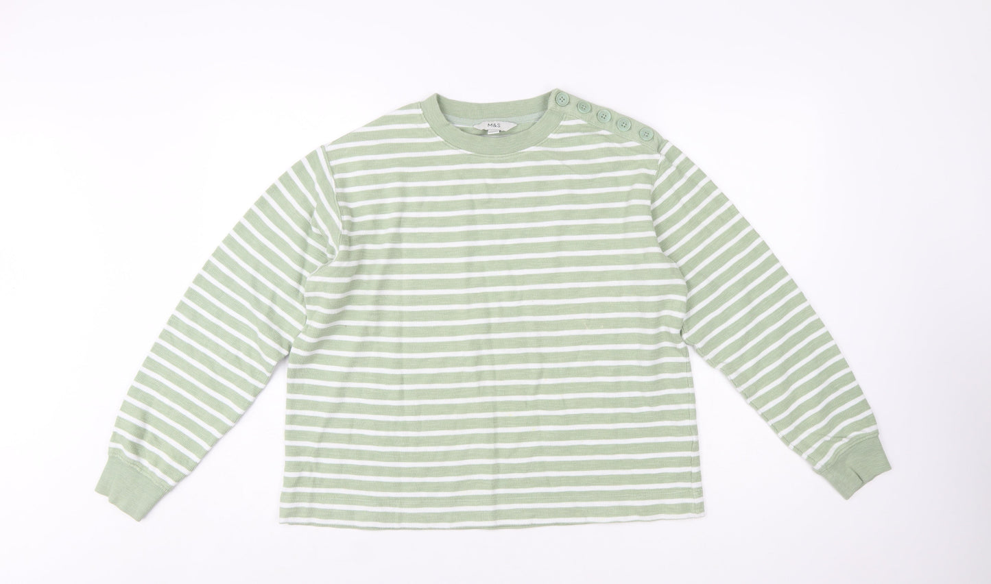 Marks and Spencer Women's Green Striped Cotton Pullover Jumper M