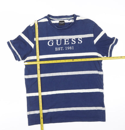 Guess Men's Blue White Striped Cotton Logo T-Shirt Size S Regular Fit