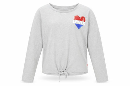 Front view of Levi's girls’ grey sequin heart long sleeve tie hem t-shirt 12 years